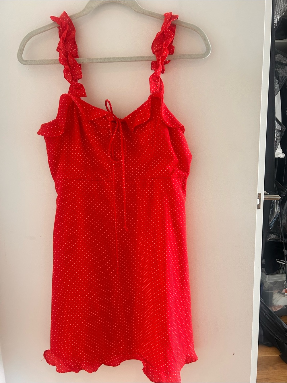 Isalis Polka Dot Mini Dress with Ruffle Straps red size M